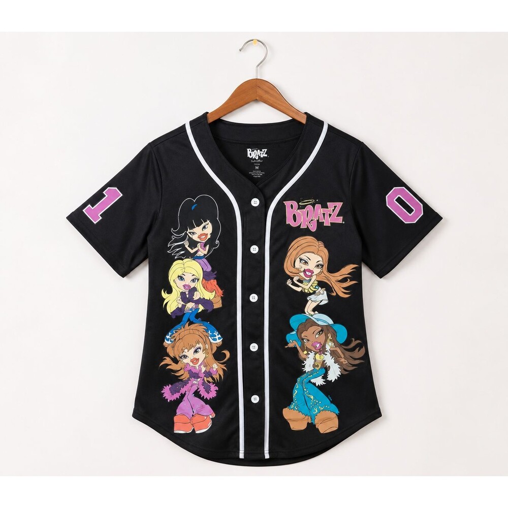 Bratz Baseball Jersey Women’s L Black Button Front Dolls Graphic Y2K Shirt